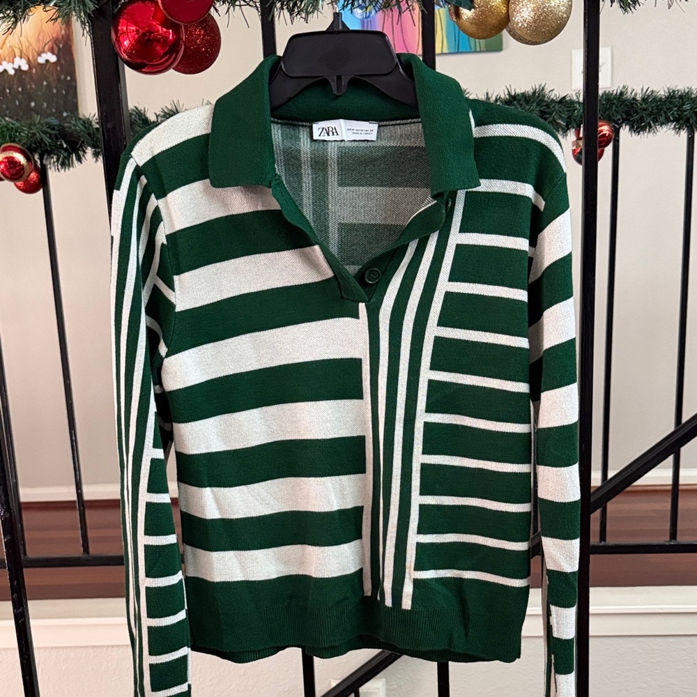 Zara Green and White Striped Polo Cardigan Sweater